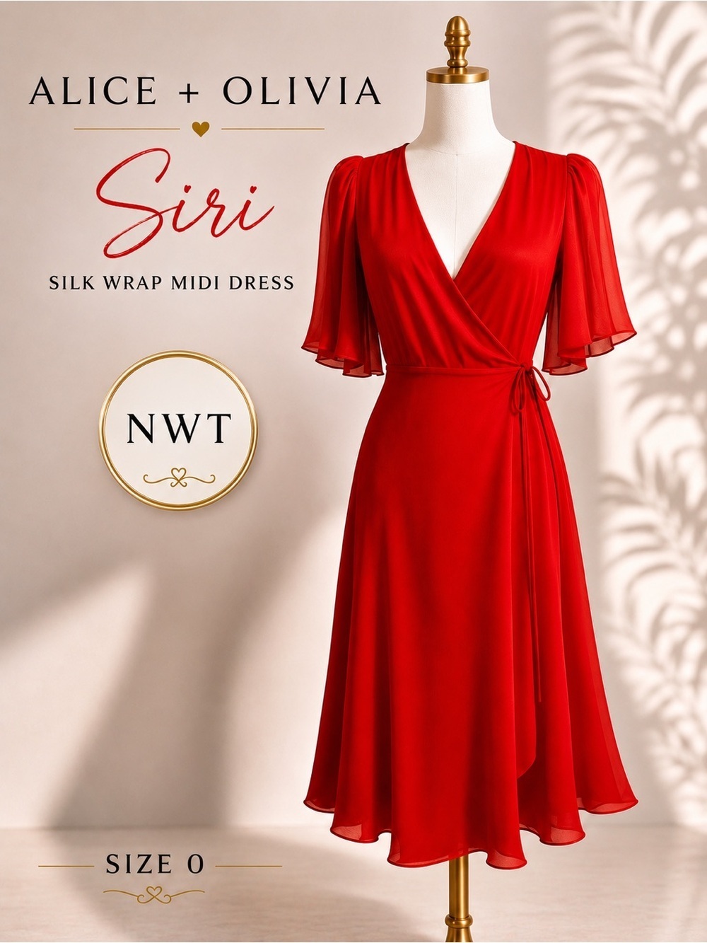 Alice + Olivia Siri Silk Wrap Midi Dress Bright Poppy Red Size 0 NWT